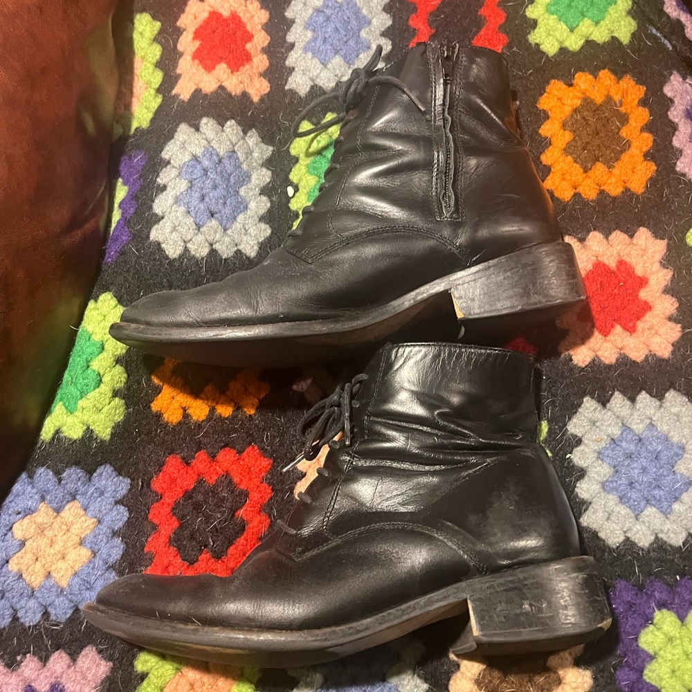 Handmade Black Leather Lace Up Ankle Boots Size 39 US 9